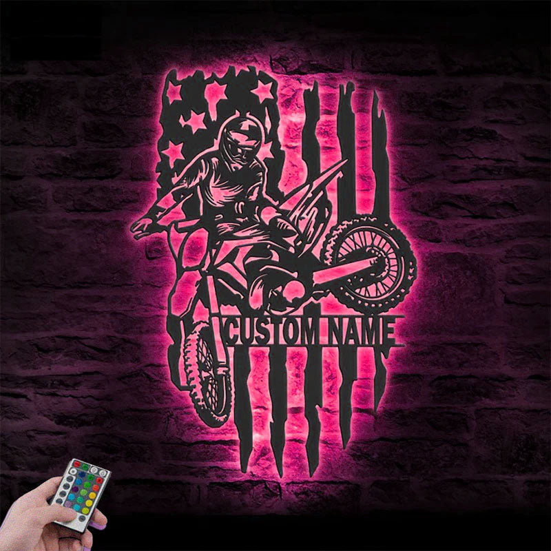 Personalized US Motocross Biker, Metal Wall Signs With RGB Led Light