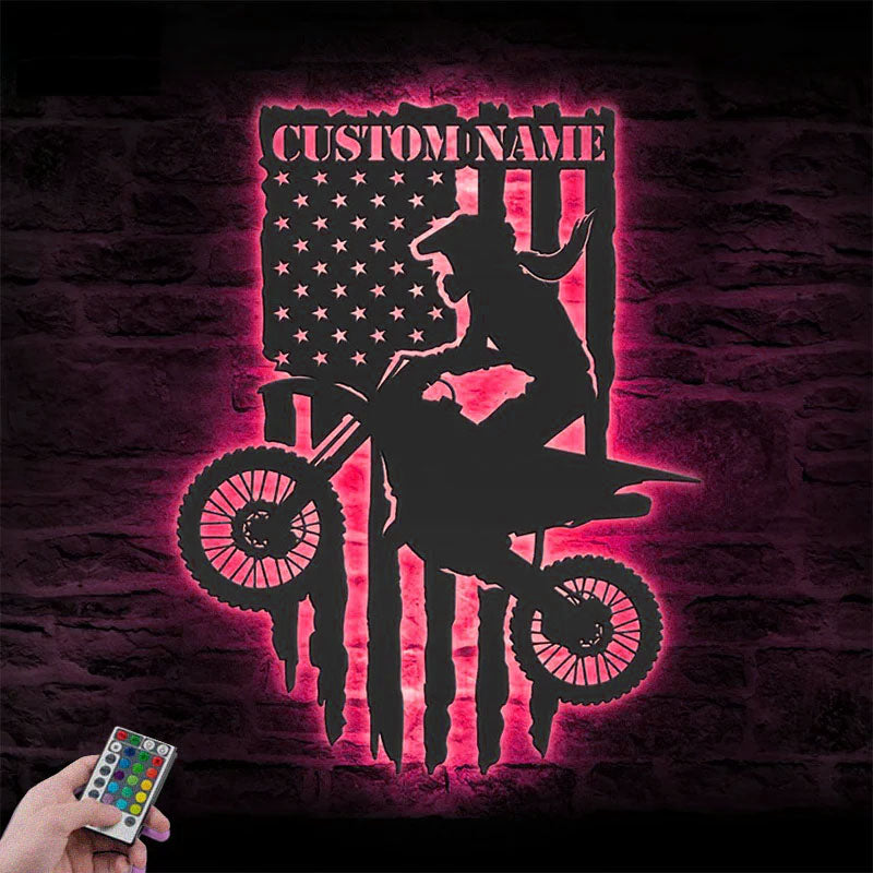 Personalized US Motocross Biker, Metal Wall Signs With RGB Led Light