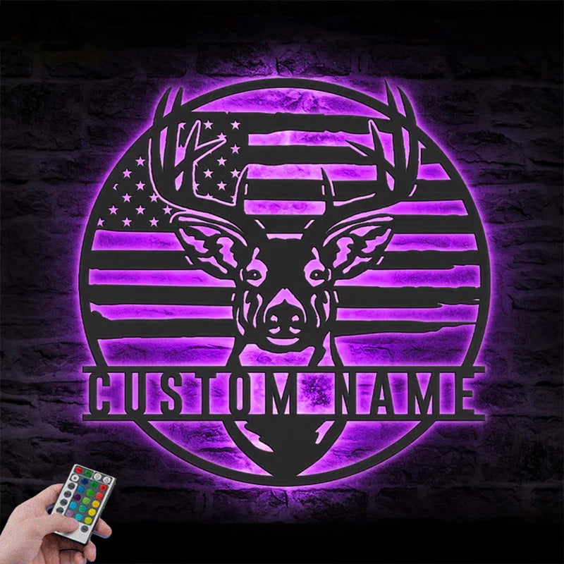 Personalized US Patriotic Deer Hunting Metal Wall Signs With RGB Led Light