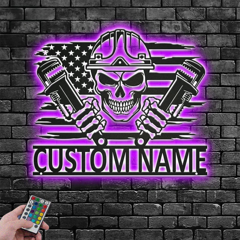 Personalized US Plumber Skull Metal Wall Signs With RGB Led Light