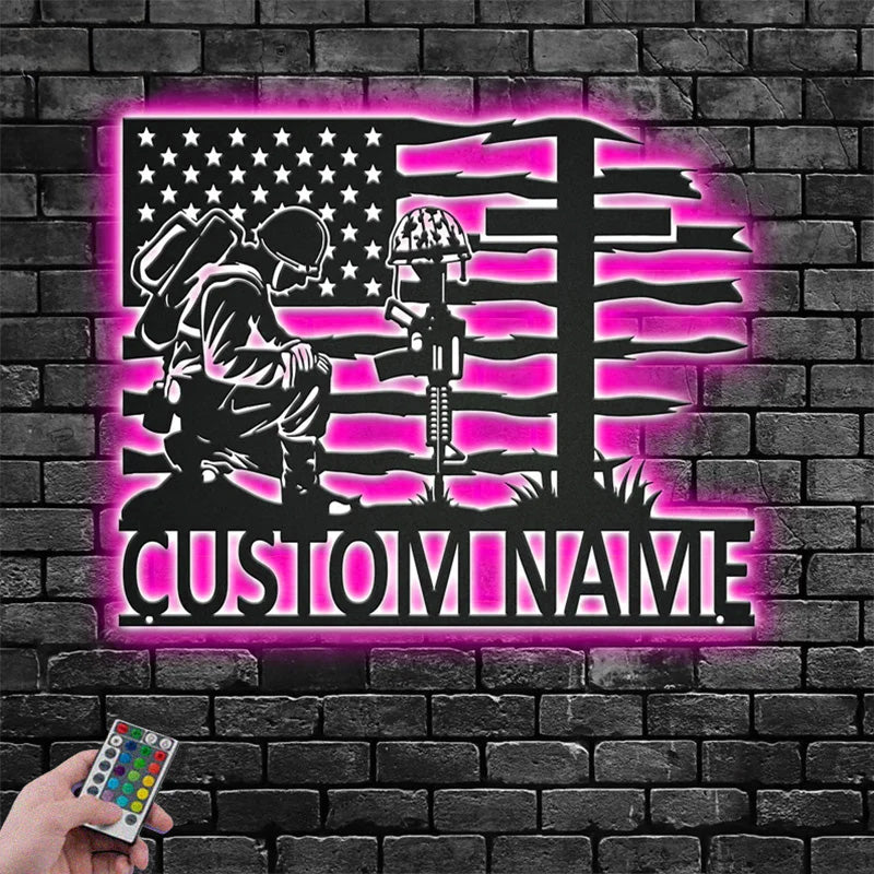 Personalized US Soldier Kneeling Metal Wall Signs With RGB Led Light