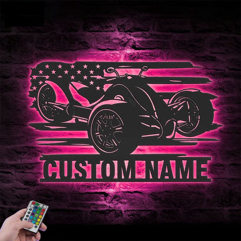 Personalized US Three Wheel Motorcycle, Metal Wall Signs With RGB Led Light
