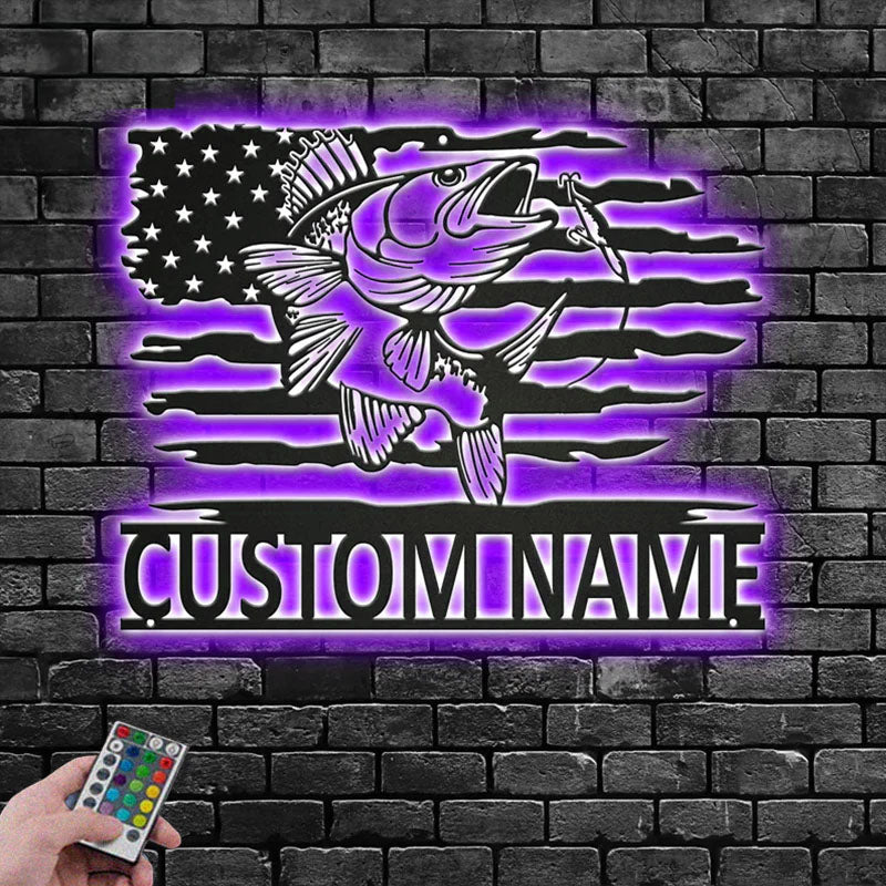 Personalized US Walleye Fish Metal Wall Signs With RGB Led Light