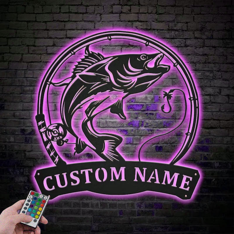 Personalized Walleye Fishing ,Fishing Lover Decor Metal Wall Signs With RGB Led Light