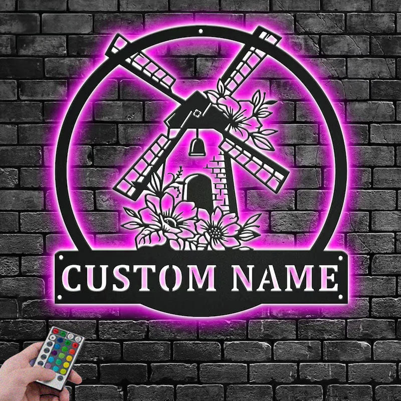 Personalized Windmill Metal Wall Signs With RGB Led Light