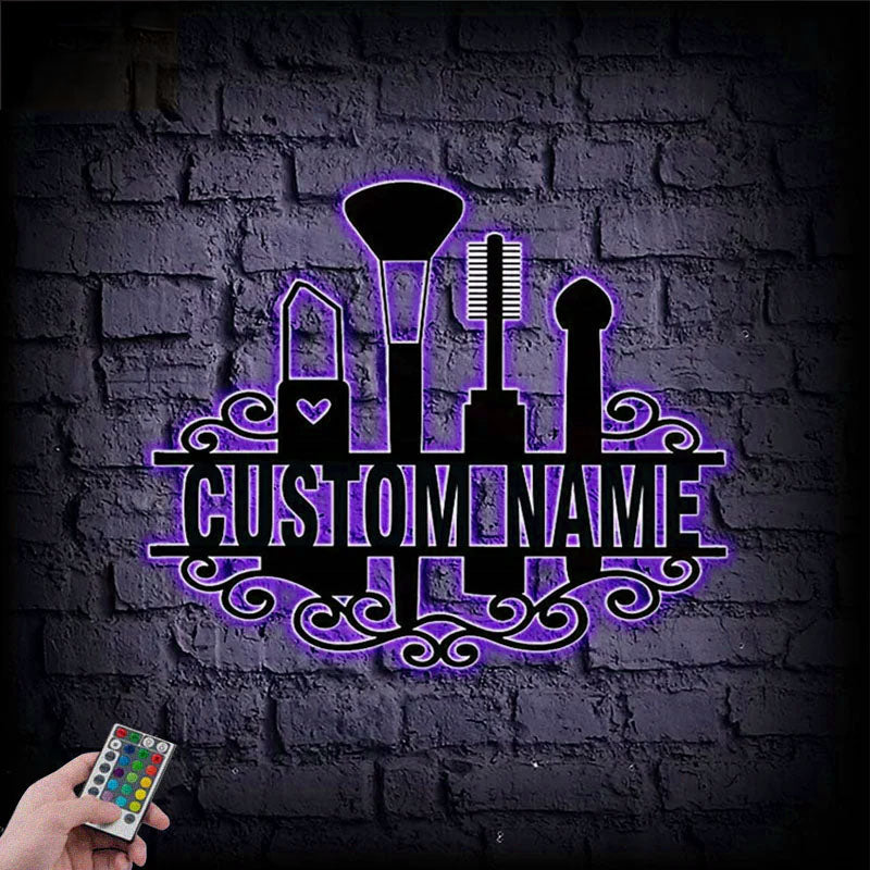 Custom Name Beauty Cosmetics And Makeup Salon, Metal Wall Signs With RGB Led Light