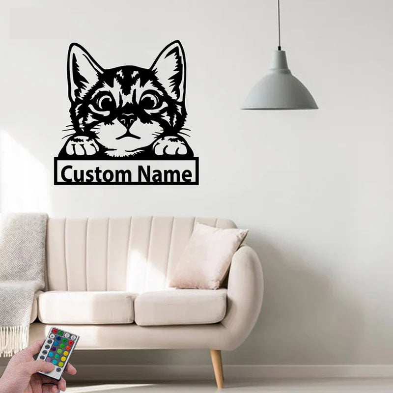Custom Name Cat Name Sign Decoration For Room, Metal Wall Signs With RGB Led Light