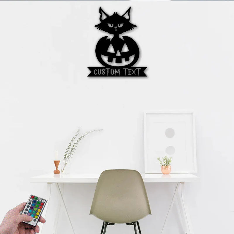 Custom Name Cat Pumkin, Metal Wall Signs With RGB Led Light