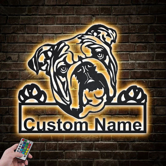 Custom Name English Bulldog Dog, Metal Wall Signs With RGB Led Light