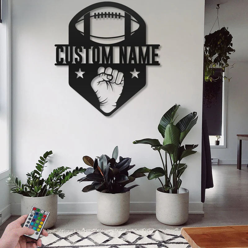 Custom Name Football Player Name Sign Decoration, Metal Wall Signs With RGB Led Light