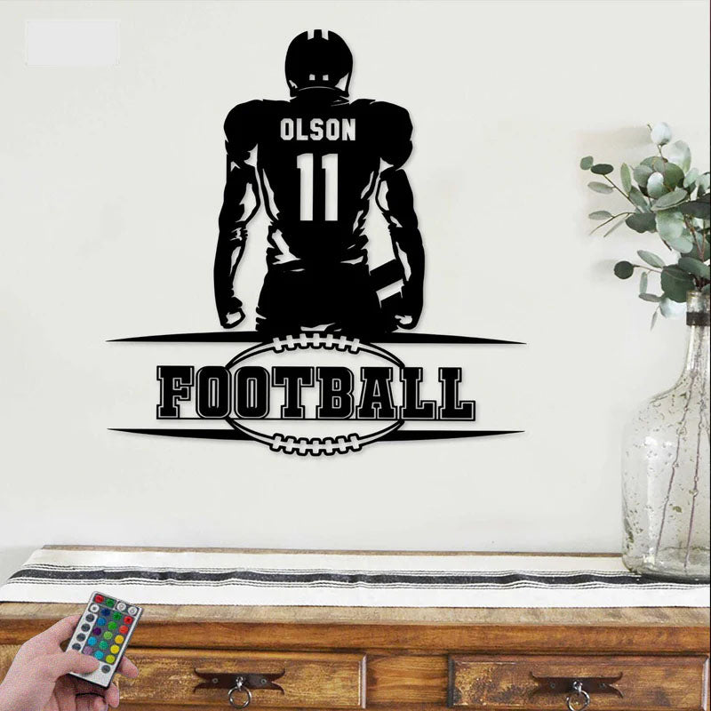 Custom Name Football Player Wall Decor, Metal Wall Signs With RGB Led Light