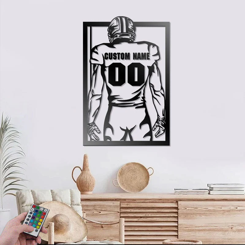 Custom Name Football Player Wall Decor, Metal Wall Signs With RGB Led Light