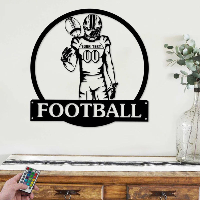 Custom Name Football Player Wall Decor, Metal Wall Signs With RGB Led Light
