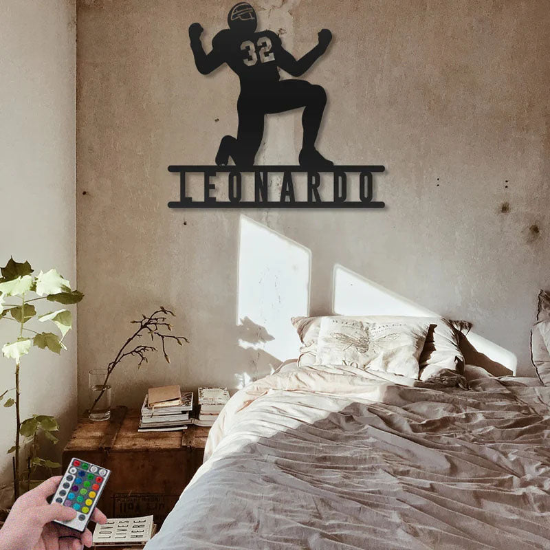 Custom Name Football Player, Metal Wall Signs With RGB Led Light