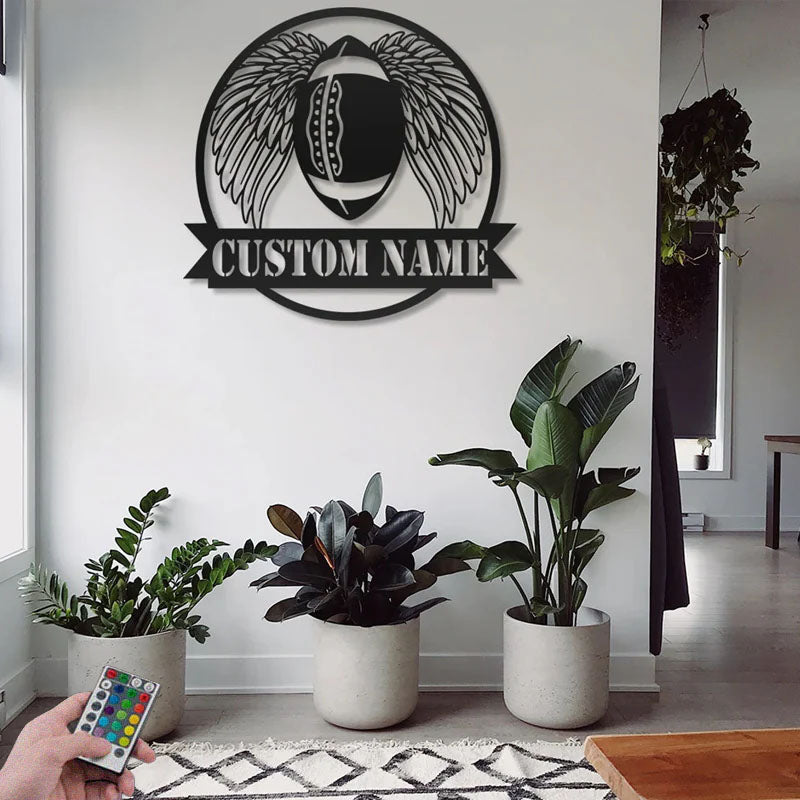 Custom Name Football With Wing, Metal Wall Signs With RGB Led Light