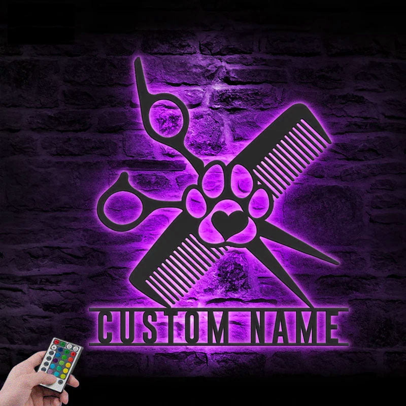 Custom Name Groomer Name Sign Home Decor Pet Grooming, Metal Wall Signs With RGB Led Light
