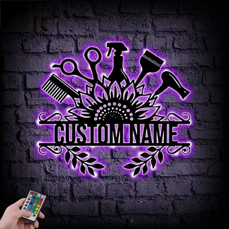 Custom Name Hair Salon Wall Art, Metal Wall Signs With RGB Led Light