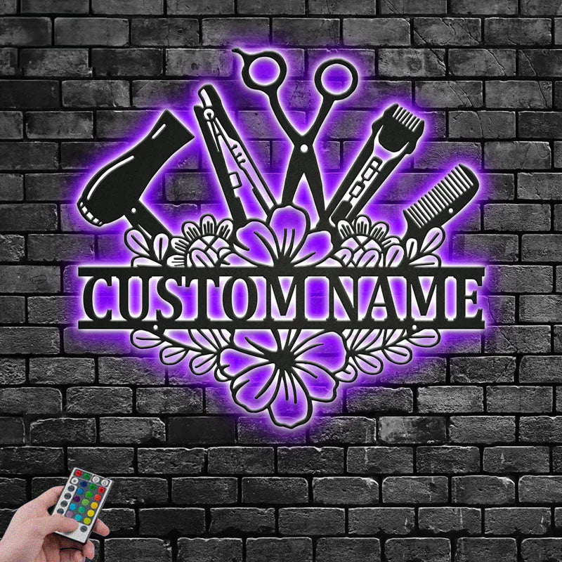 Custom Name Hair Stylist Name Sign Decoration For Room, Metal Wall Signs With RGB Led Light