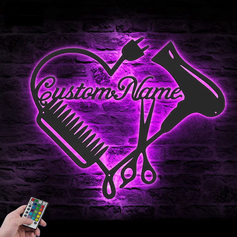 Custom Name Hair Stylist Name Sign Home Decor Hairdresser, Metal Wall Signs With RGB Led Light