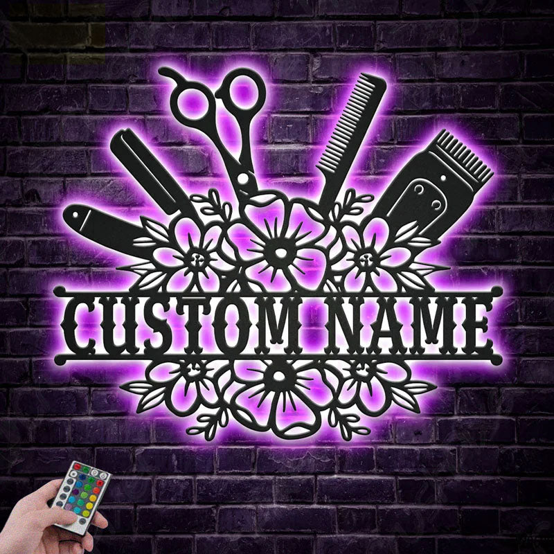 Custom Name Hair Stylist, Metal Wall Signs With RGB Led Light