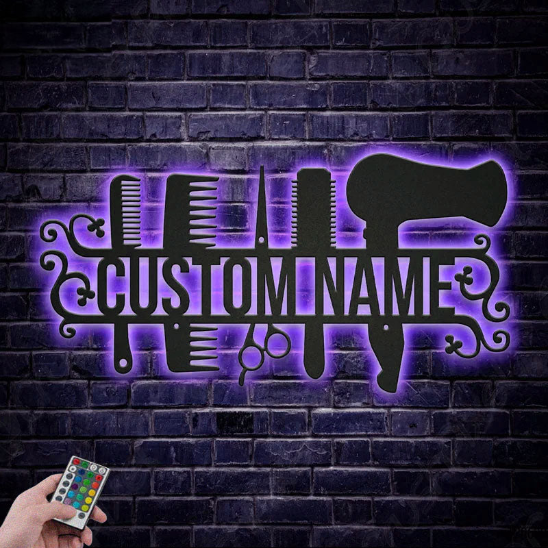 Custom Name Hairdresser Tools, Metal Wall Signs With RGB Led Light
