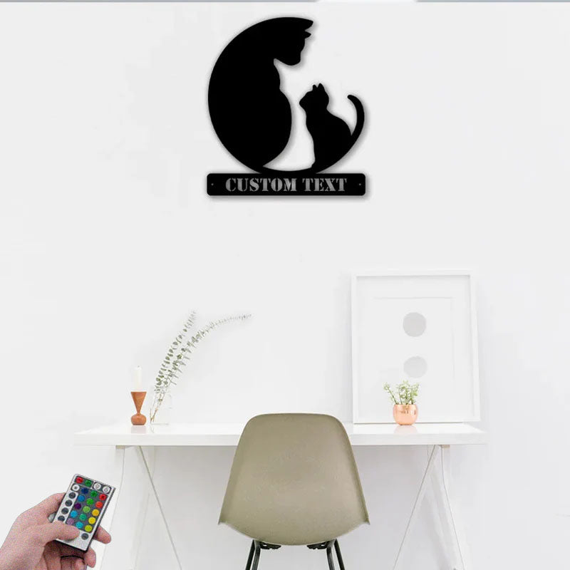 Custom Name Mom and Cat, Metal Wall Signs With RGB Led Light