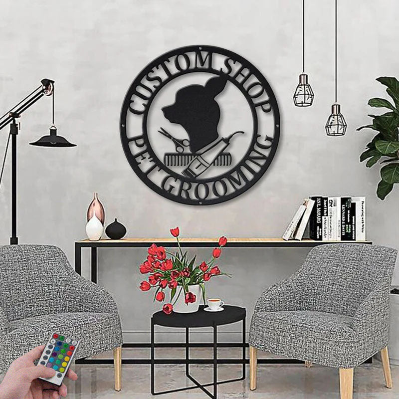 Custom Name Pet Grooming, Metal Wall Signs With RGB Led Light