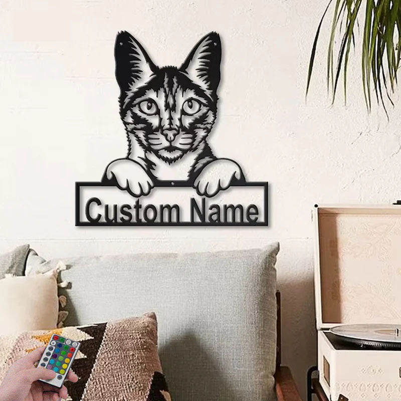 Custom Name Savannah Cat, Metal Wall Signs With RGB Led Light