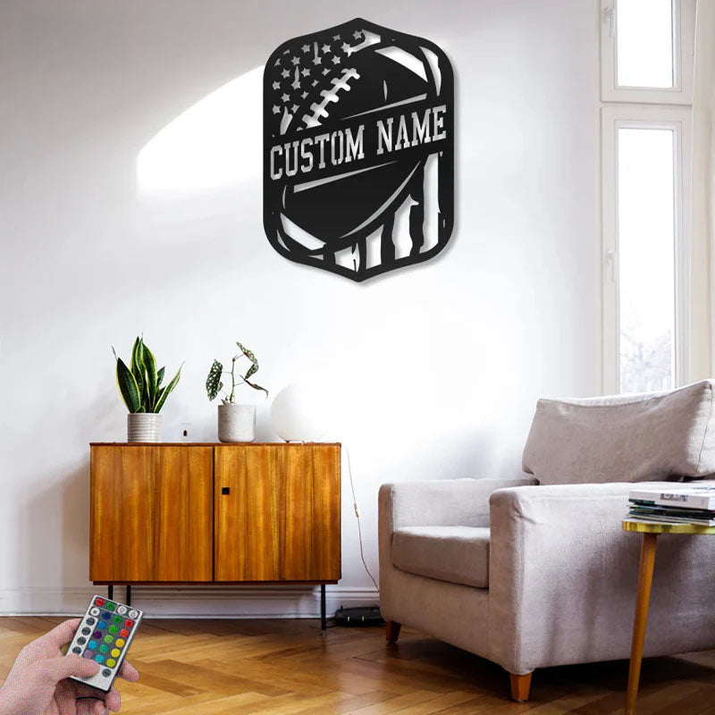 Custom Name USA Flag Football Sign, Metal Wall Signs With RGB Led Light