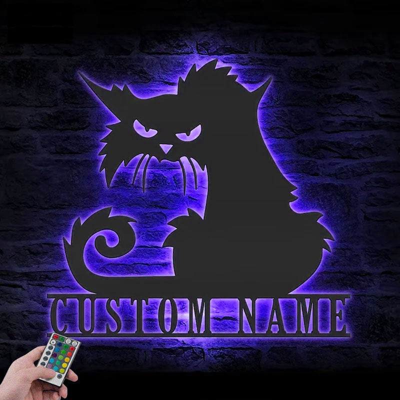 Personalized Angry Cat, Metal Wall Signs With RGB Led Light
