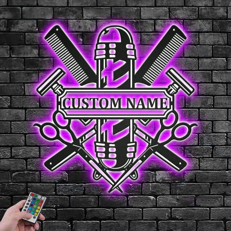 Personalized Barber Shop, Metal Wall Signs With RGB Led Light