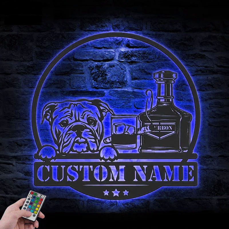 Personalized Bourbon Cigar And Bulldog, Metal Wall Signs With RGB Led Light