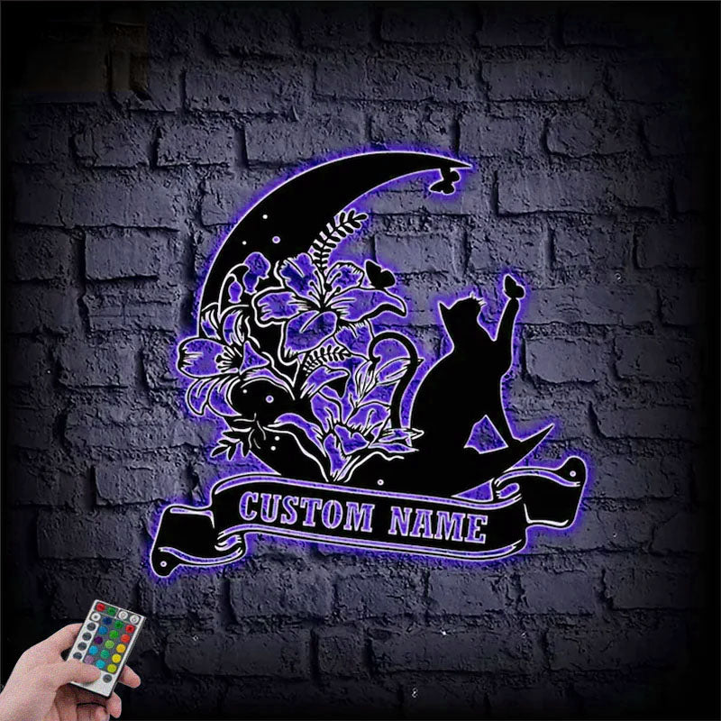 Personalized Cat And Moon, Metal Wall Signs With RGB Led Light