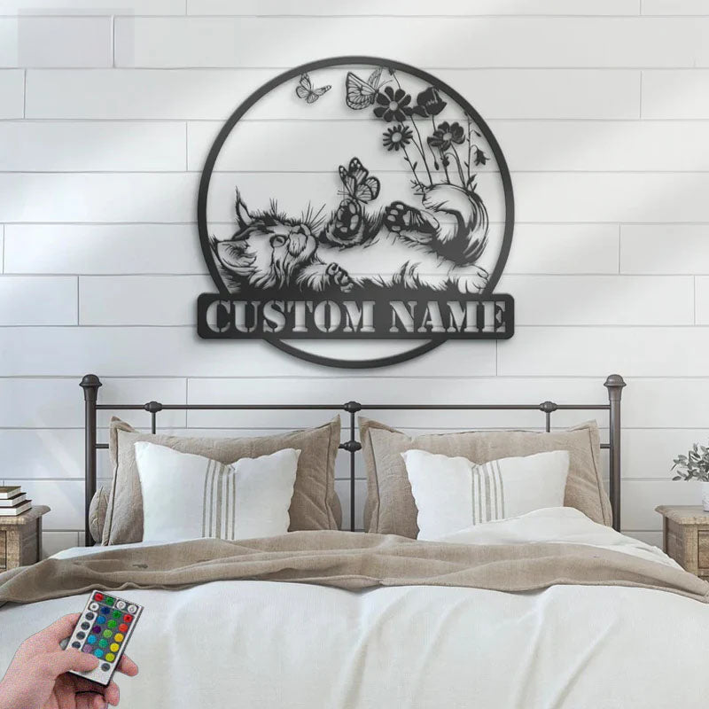 Personalized Cat With Butterfly, Metal Wall Signs With RGB Led Light