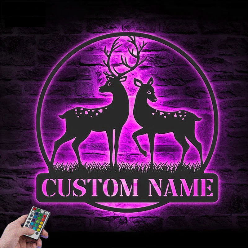 Personalized Couple Reindeer Deer Hunting, Metal Wall Signs With RGB Led Light