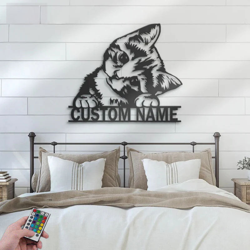 Personalized Cute Cat, Metal Wall Signs With RGB Led Light