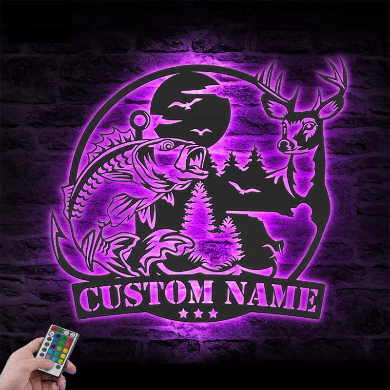 Personalized Deer And Fishing, Metal Wall Signs With RGB Led Light