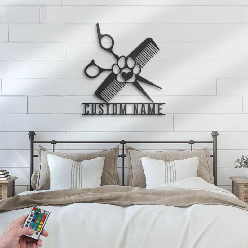 Personalized Dog Grooming Hair Salon, Metal Wall Signs With RGB Led Light