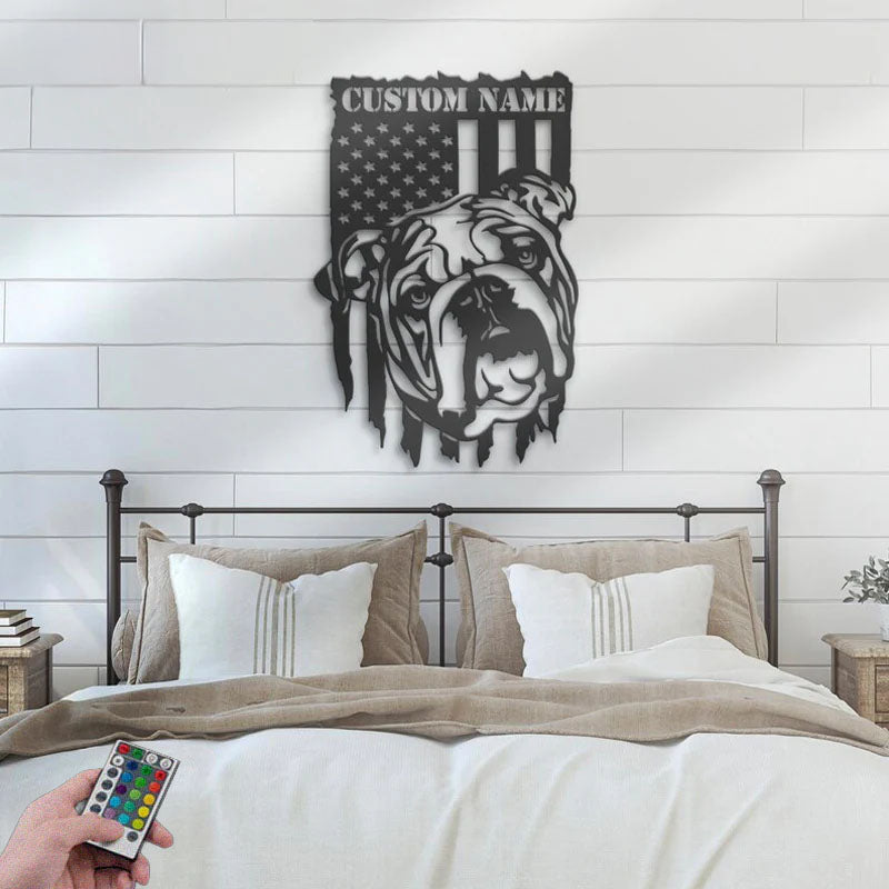 Personalized English Bulldog US Flag, Metal Wall Signs With RGB Led Light