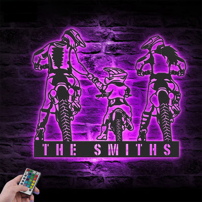 Personalized Family Motocross Biker, Metal Wall Signs With RGB Led Light