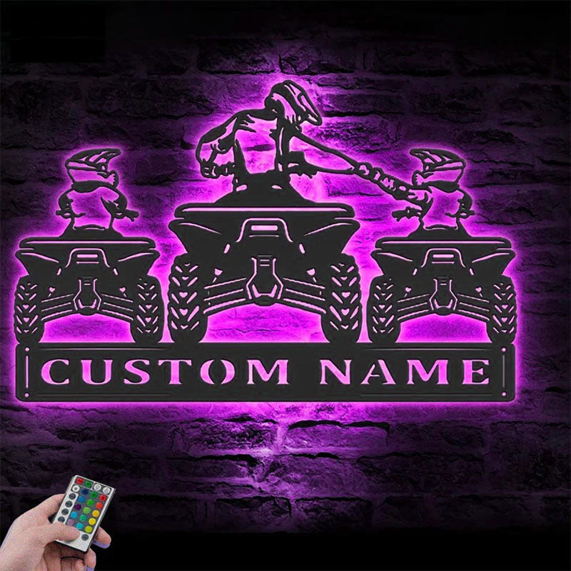 Personalized Father Son ATV Quad Motocross Biker, Metal Wall Signs With RGB Led Light