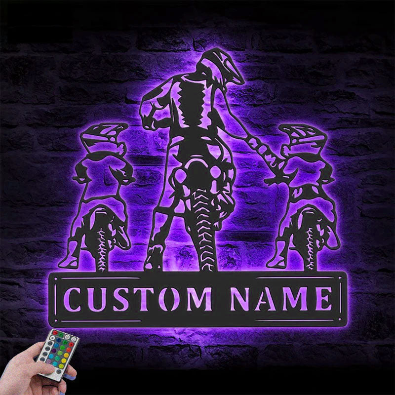 Personalized Father Son Motocross Biker, Metal Wall Signs With RGB Led Light