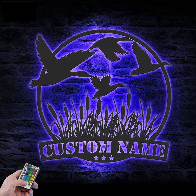 Personalized Flying Mallard Duck Hunting, Metal Wall Signs With RGB Led Light