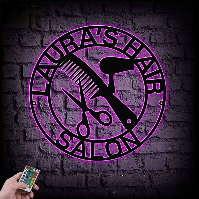 Personalized Hair Salon Sign, Metal Wall Signs With RGB Led Light