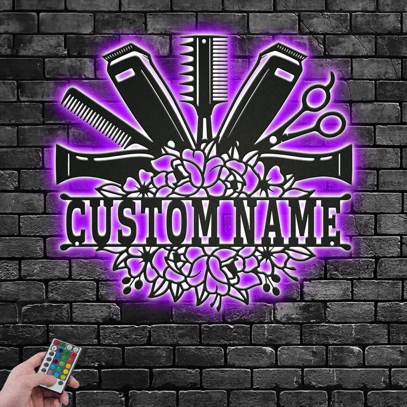 Personalized Hair Salon, Metal Wall Signs With RGB Led Light