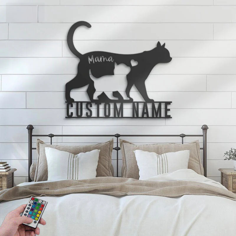Personalized Mom Baby Cat, Metal Wall Signs With RGB Led Light