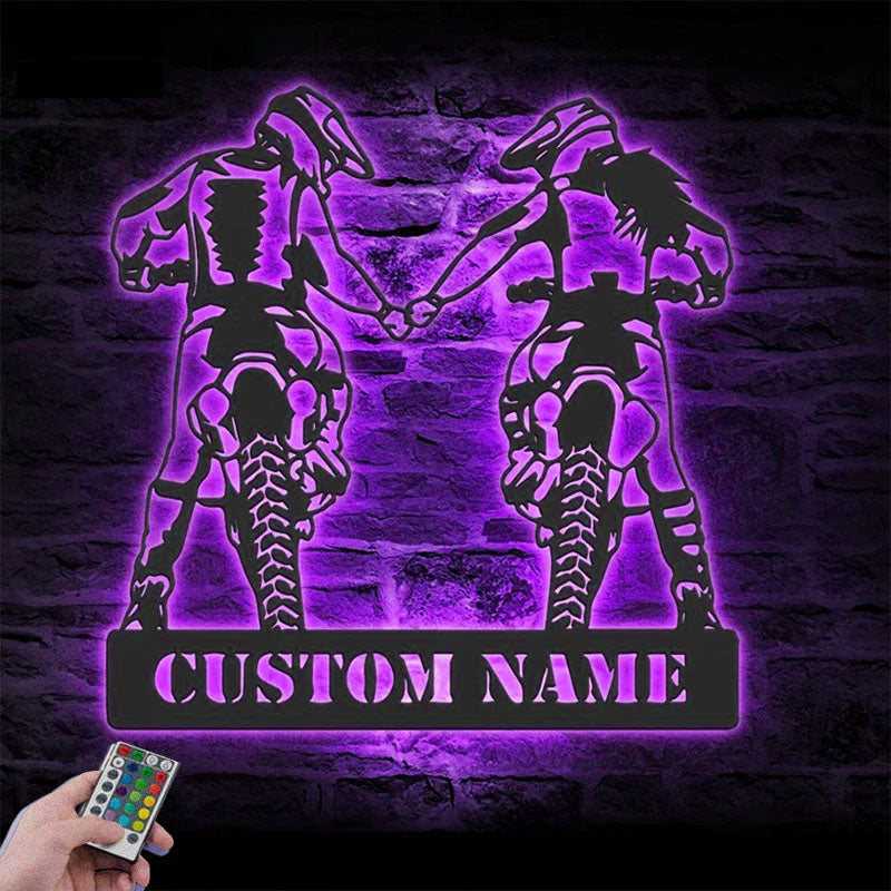 Personalized Motocross Biker Couple Holding Hand, Metal Wall Signs With RGB Led Light
