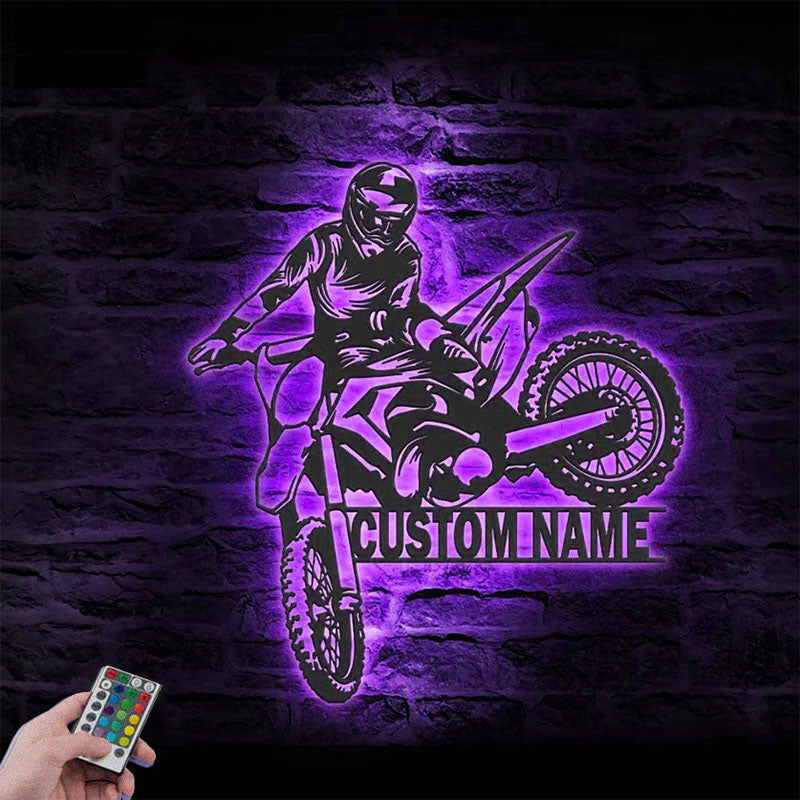 Personalized Motocross Biker, Metal Wall Signs With RGB Led Light