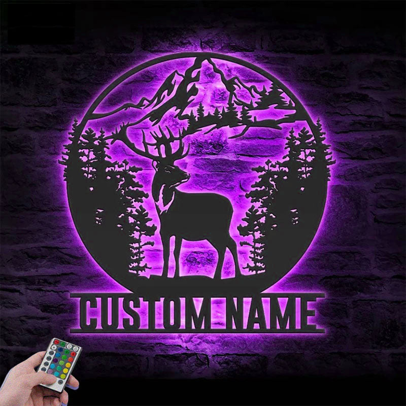 Personalized Moutain Forest Deer Hunting, Metal Wall Signs With RGB Led Light