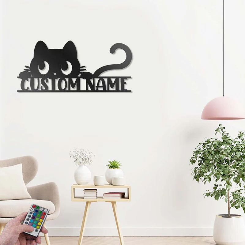 Personalized Peeking Cat, Metal Wall Signs With RGB Led Light